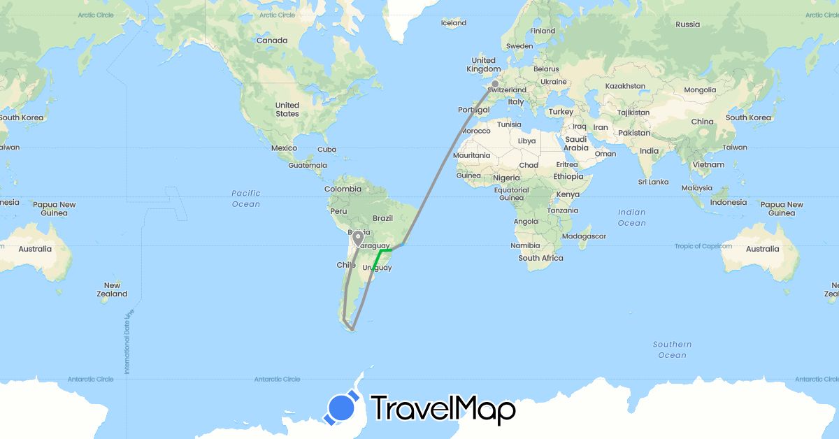 TravelMap itinerary: driving, bus, plane, boat in Argentina, Brazil, Chile, France (Europe, South America)